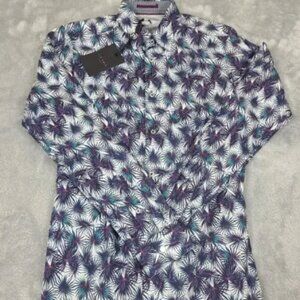 Ted Baker Mens Karaf Long Sleeve LS Palm Printed Dress Shirt Sz‎ 1 NEW $165